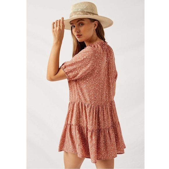 Hayden Los Angeles High Neck Tiered Tunic Top Pink Lightweight Smocked Size S - Picture 10 of 12